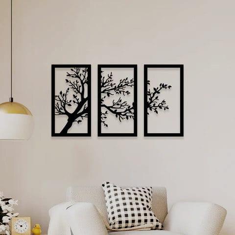 Modern tree wall art set of black laser cut 3 psc