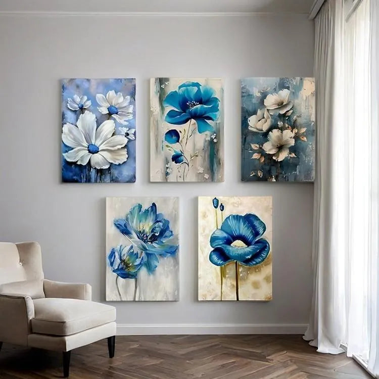 Set of 5 Blue floral wall art frames