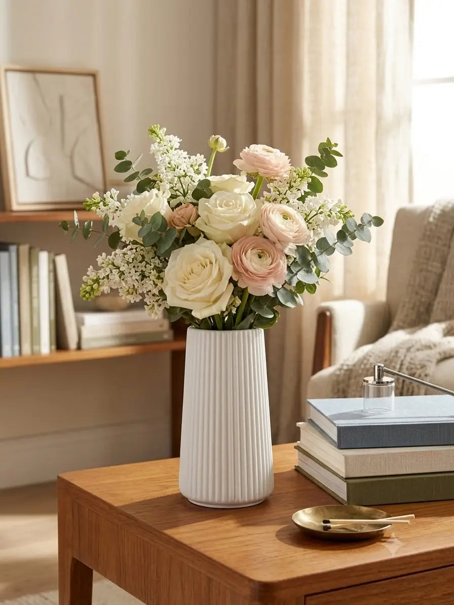 Minimalist ribbed white flower vase