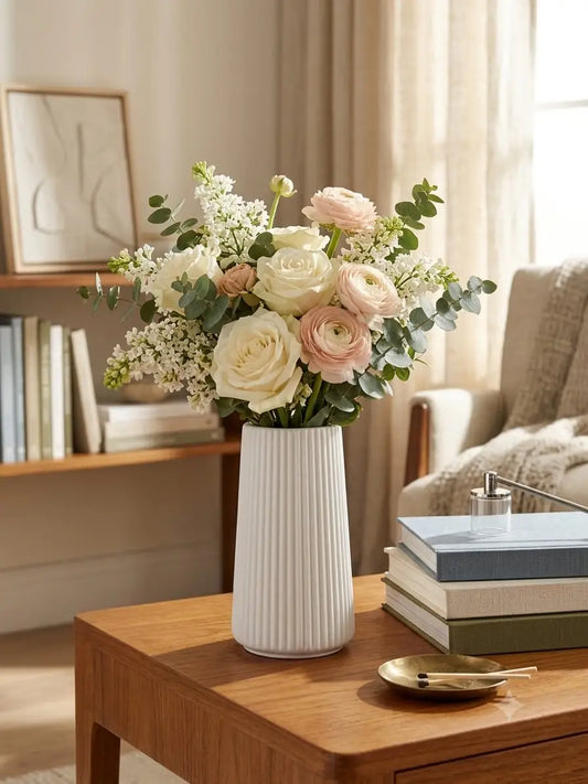 Minimalist ribbed white flower vase