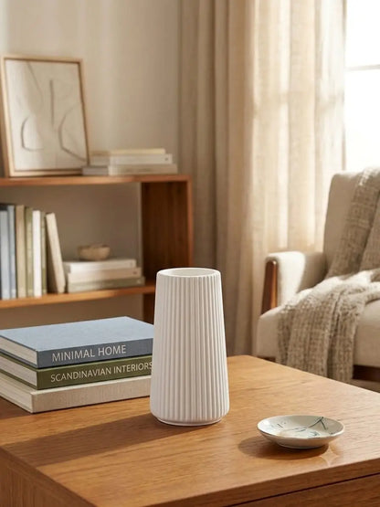 Minimalist ribbed white flower vase